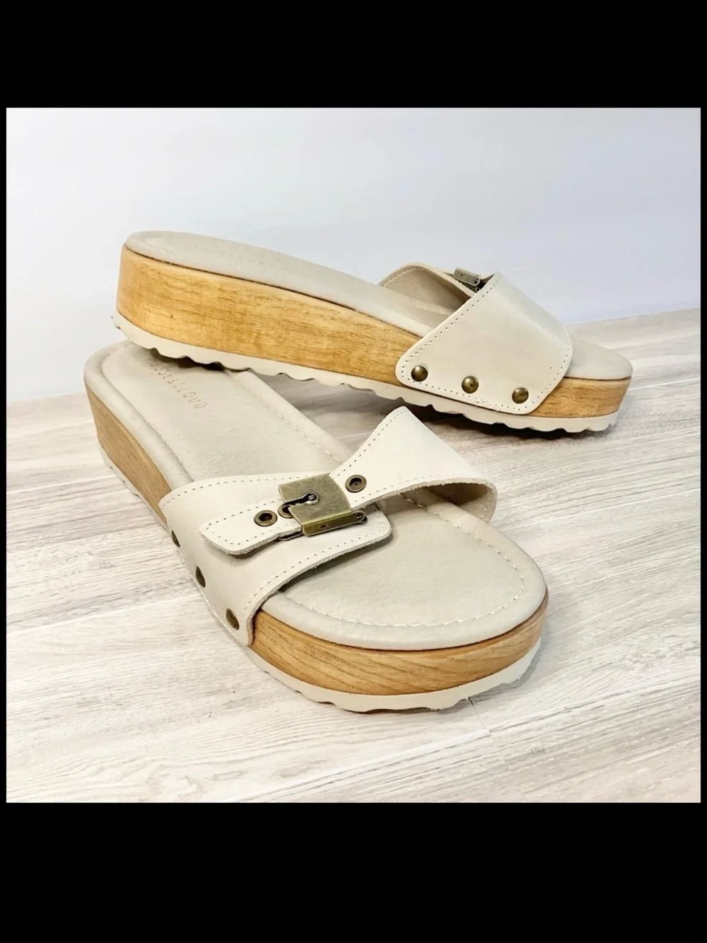 MUSSE & CLOUD Leather Sandal Slides Size 9 Platform Buckle Wedge Cream Spain